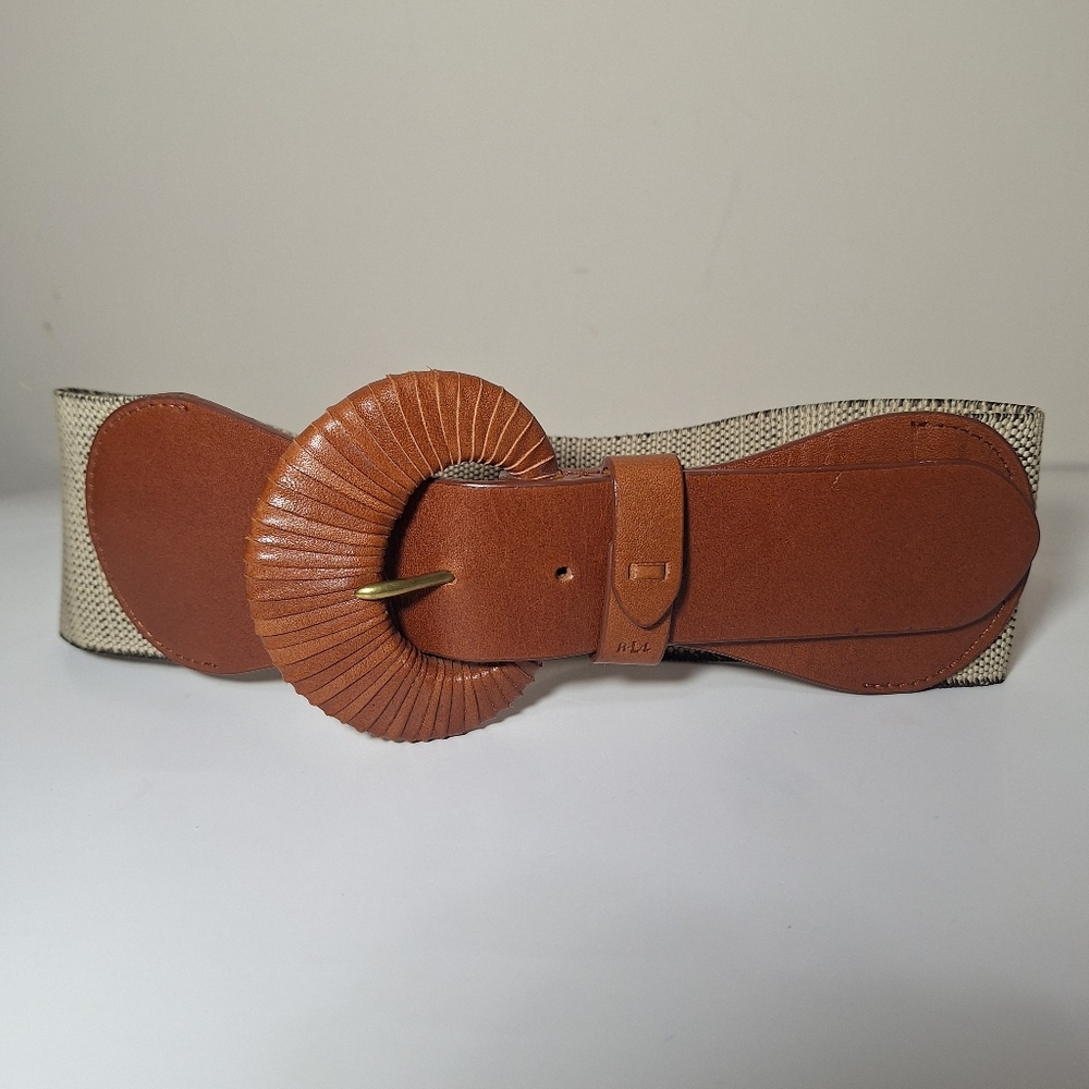 NWT Lauren Ralph Lauren Wide Woven Stretch Belt Tan Brown Raffia L
